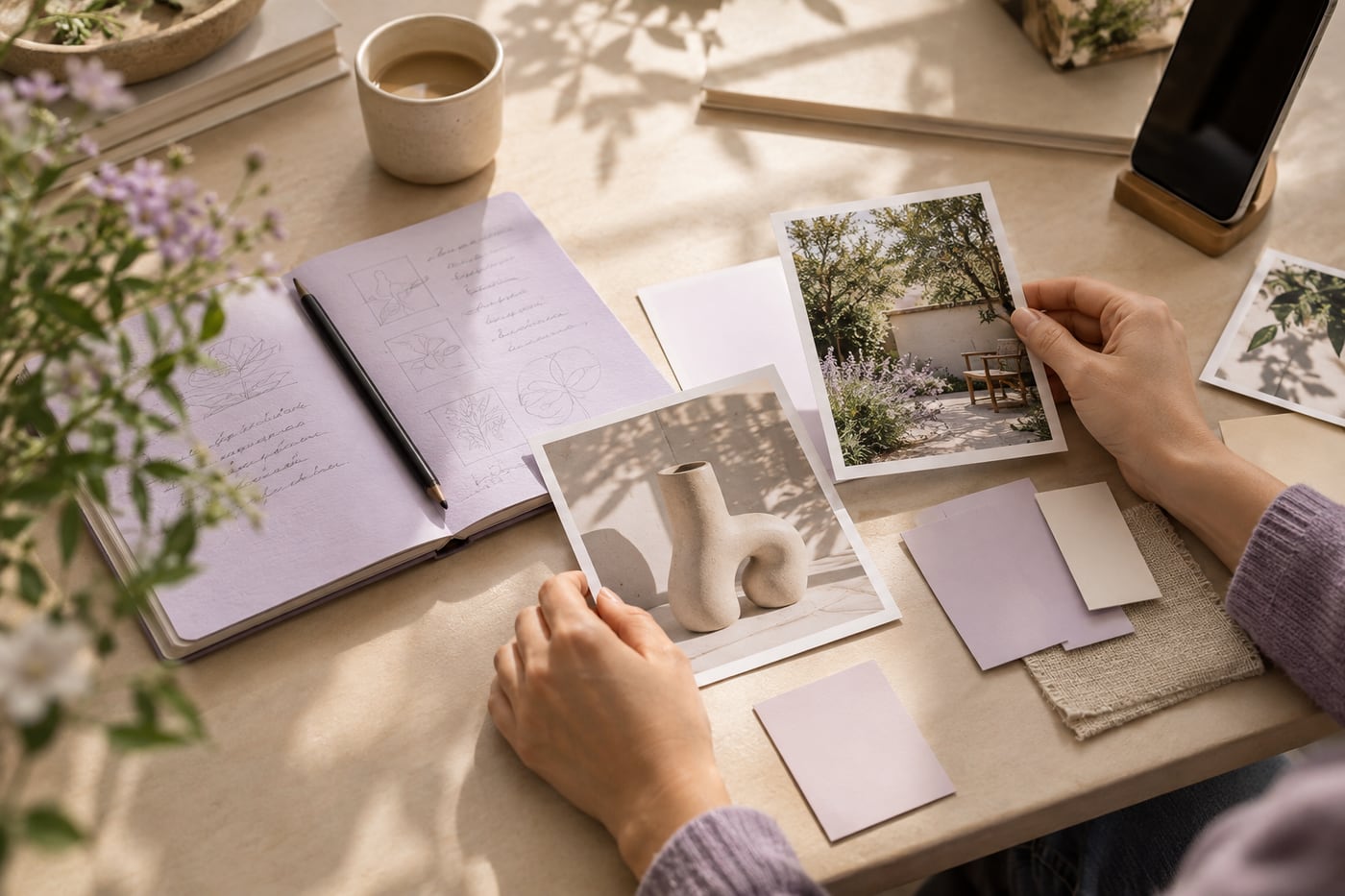 Hände ordnen Fotos, Notizen und Themenideen zu einem Content-Plan.